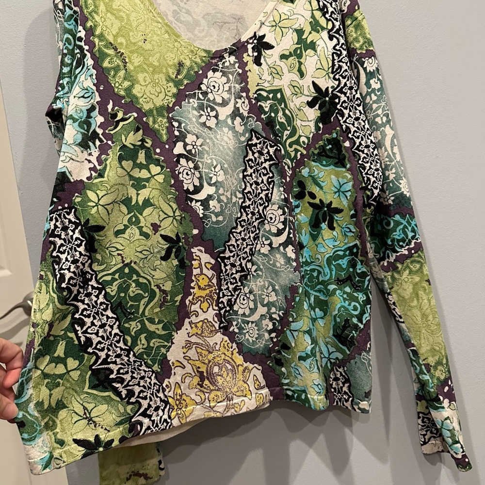 Silk Lightweight Knit Long Sleeve Sweater V-Neck Abstract Floral Y2K Grunge Lg - Picture 6 of 16